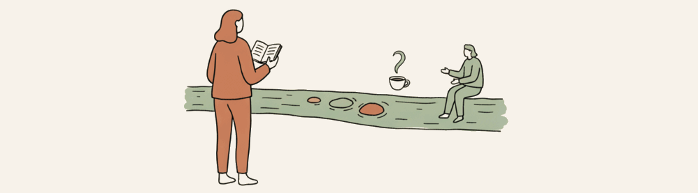 A figure with an open notebook, stepping stones across a gap toward a coffee cup and another person